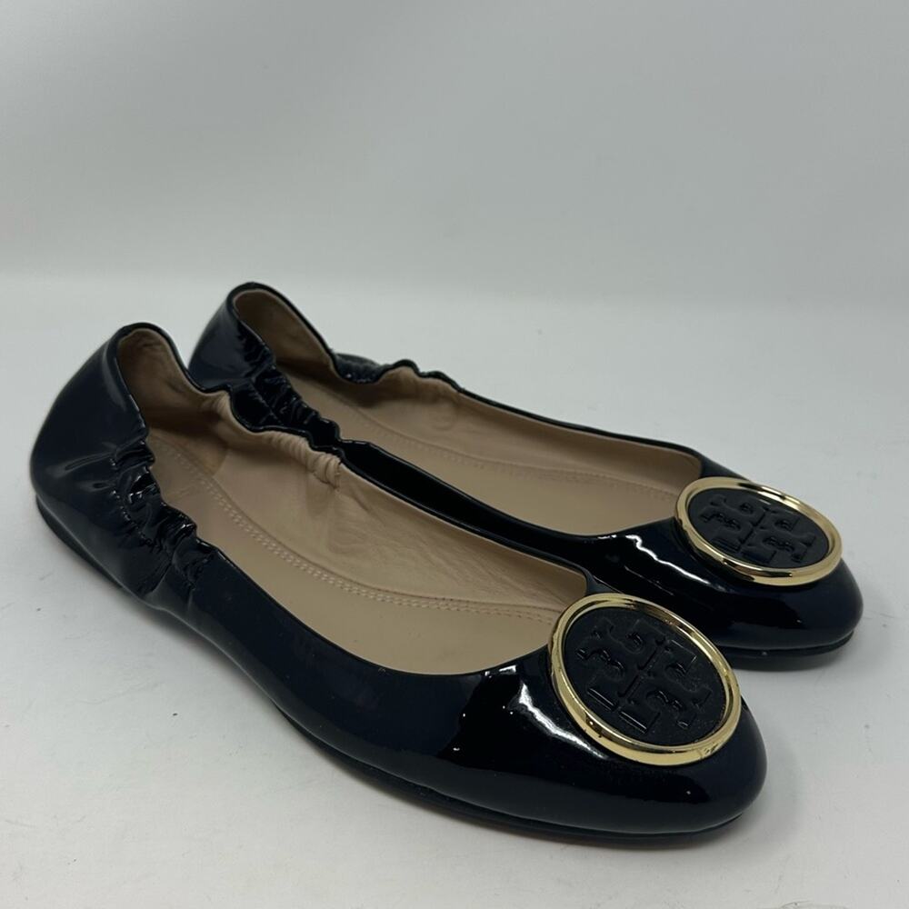 Tory Burch Twiggie Patent Leather Ballet Flats Shoes Black T Logo Size Size 7.5